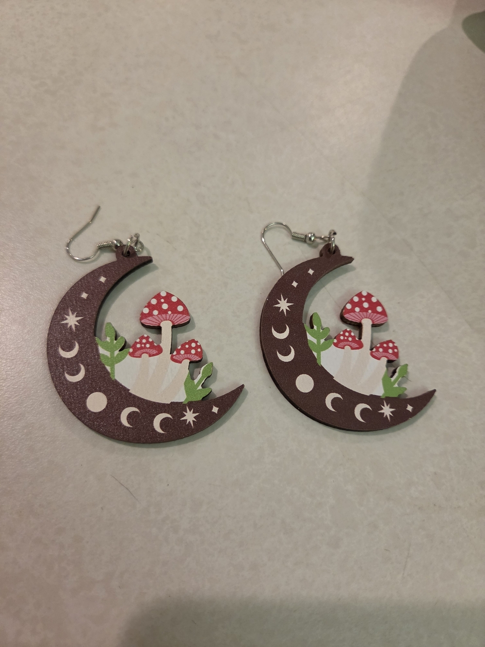 Crescent Moon Mushroom Dangle Earrings - Brown & Red